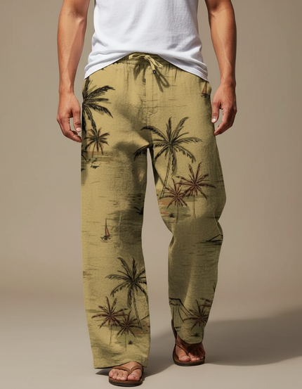 Pantalon Beige Ample Lin Cordon Imprimé Palmier Homme