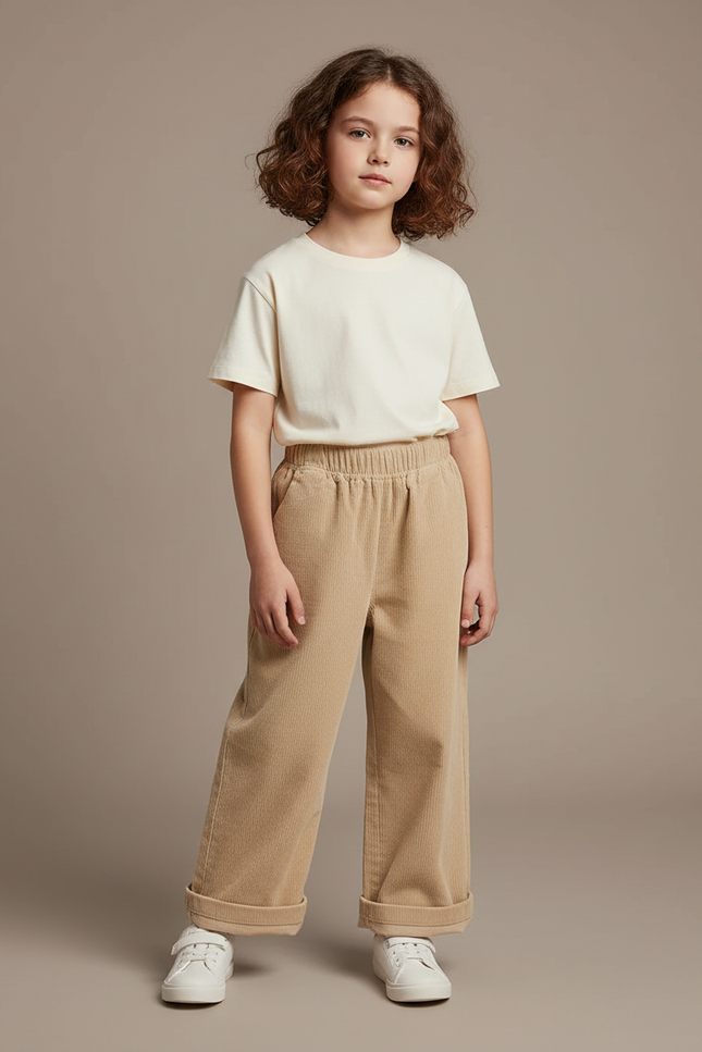Pantalon Beige Côtelé Droit Enfant Décontracté - Cordé