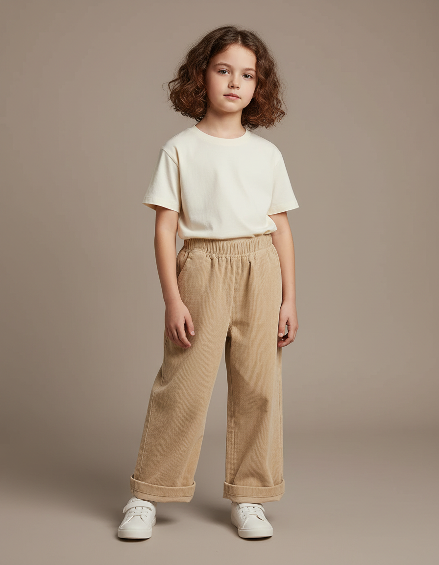 Pantalon Beige Côtelé Droit Enfant Décontracté - Cordé
