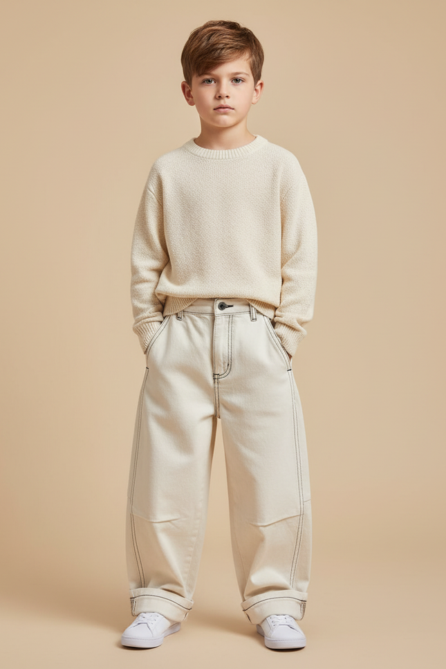 Pantalon Beige Ample Décontracté Surpiqûres Enfant Garçon - Toile