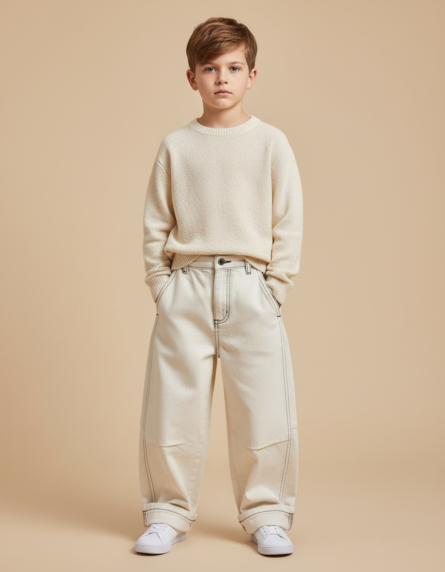 Pantalon Beige Ample Décontracté Surpiqûres Enfant Garçon - Toile