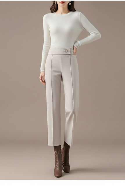 Pantalon Beige Laine Droit Taille Haute Élégant