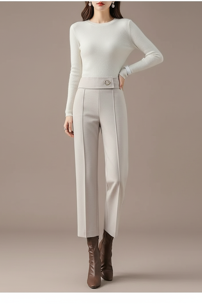 Pantalon Beige Laine Droit Taille Haute Élégant