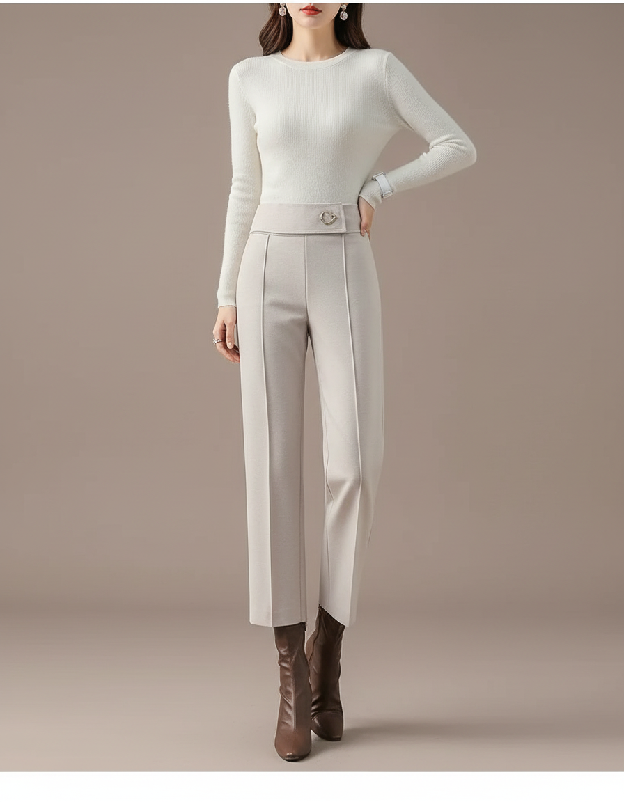 Pantalon Beige Laine Droit Taille Haute Élégant