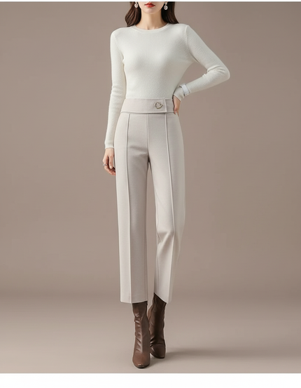 Pantalon Beige Laine Droit Taille Haute Élégant