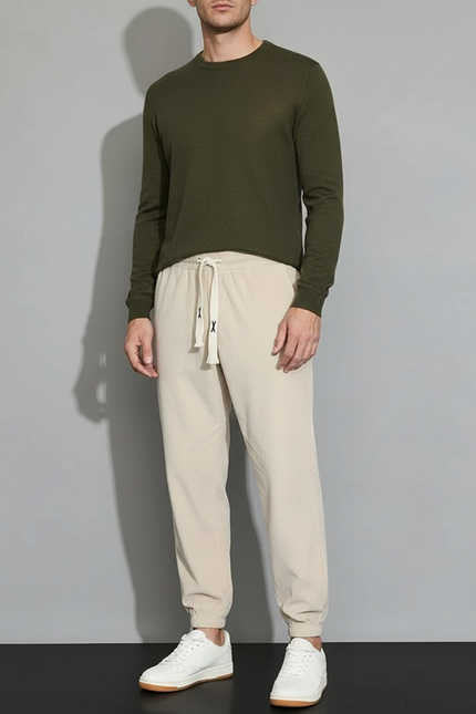 Pantalon Beige Côtelé Ample Homme Décontracté Cordon - Cordé