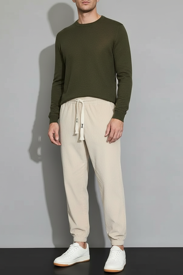 Pantalon Beige Côtelé Ample Homme Décontracté Cordon - Cordé