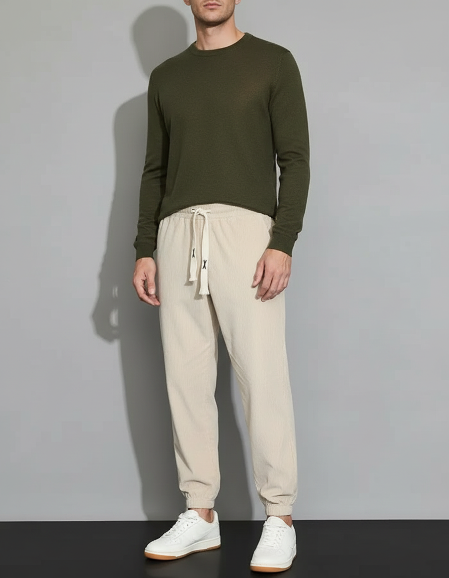 Pantalon Beige Côtelé Ample Homme Décontracté Cordon - Cordé
