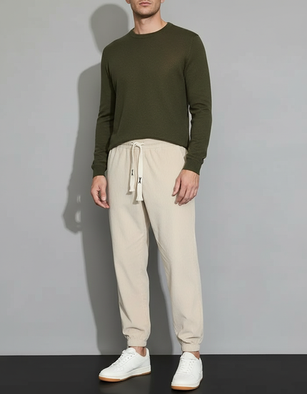 Pantalon Beige Côtelé Ample Homme Décontracté Cordon - Cordé