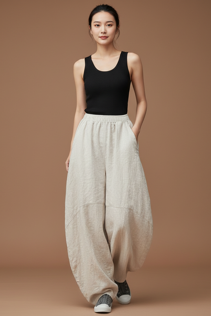 Pantalon Beige Grande Taille Femme - Lin