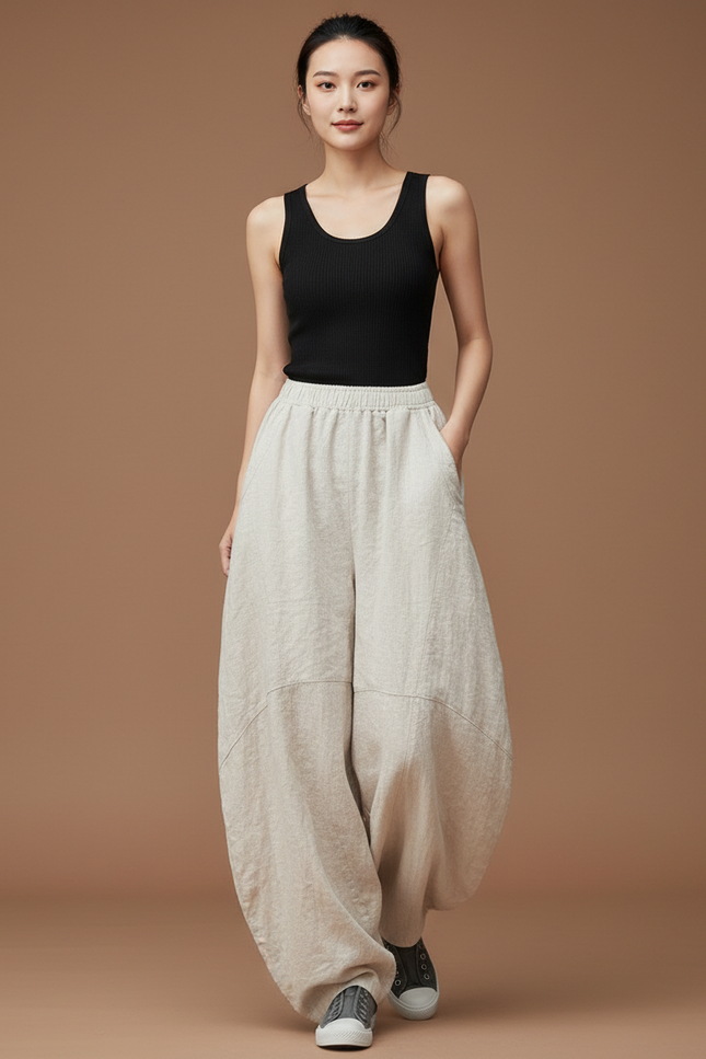 Pantalon Beige Grande Taille Femme - Lin