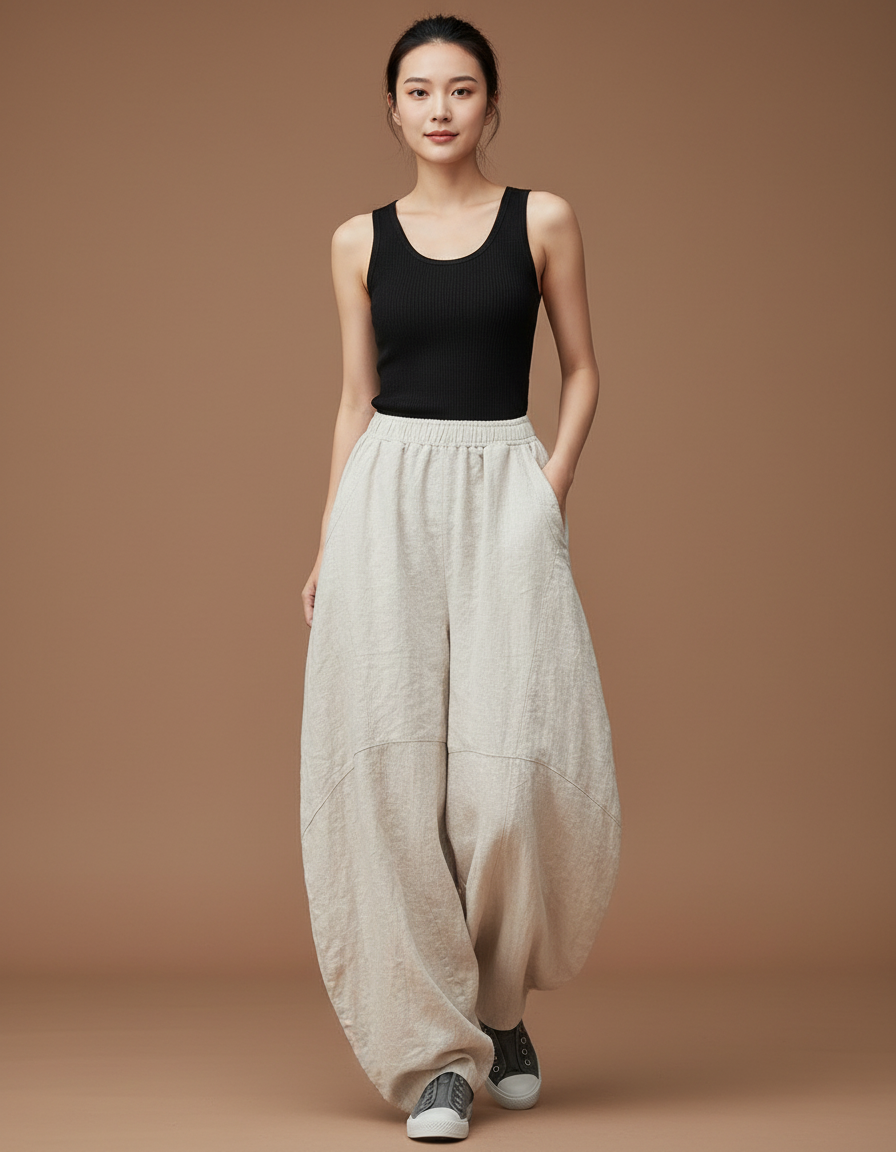 Pantalon Beige Grande Taille Femme - Lin
