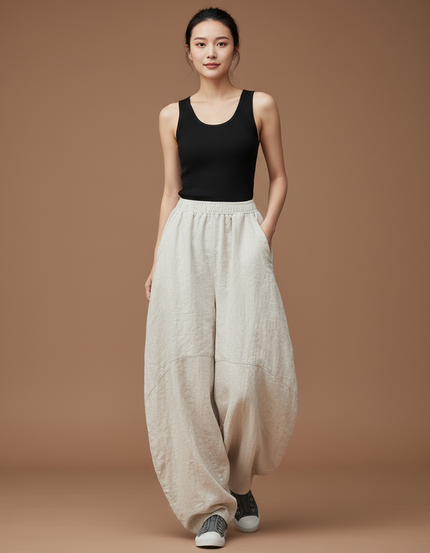 Pantalon Beige Grande Taille Femme - Lin