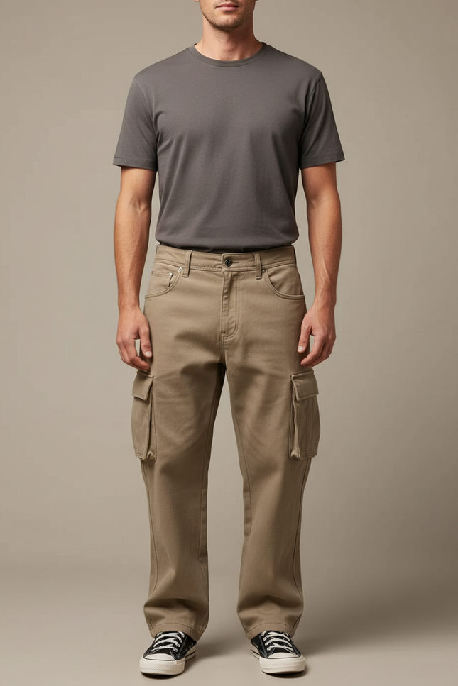 Pantalon Beige Cargo Ample Droit Homme Coton