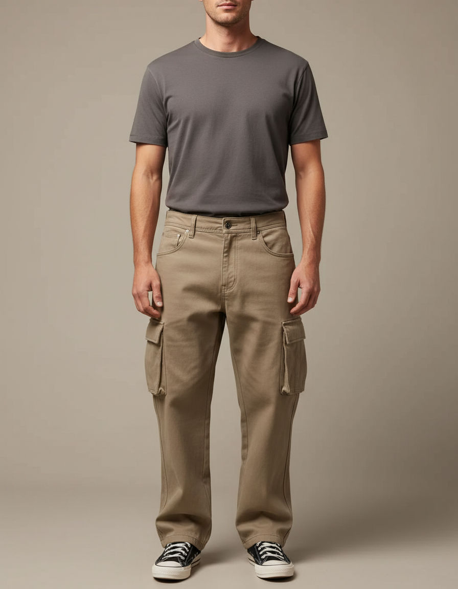 Pantalon Beige Cargo Ample Droit Homme Coton