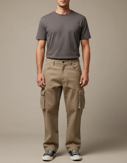 Pantalon Beige Cargo Ample Droit Homme Coton