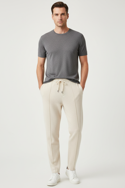 Pantalon Beige Homme Coupe Droite Tricoté Confortable - Maille