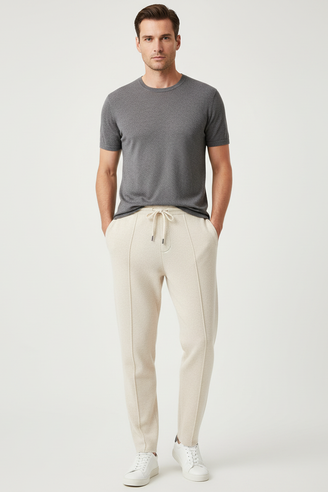 Pantalon Beige Homme Coupe Droite Tricoté Confortable - Maille