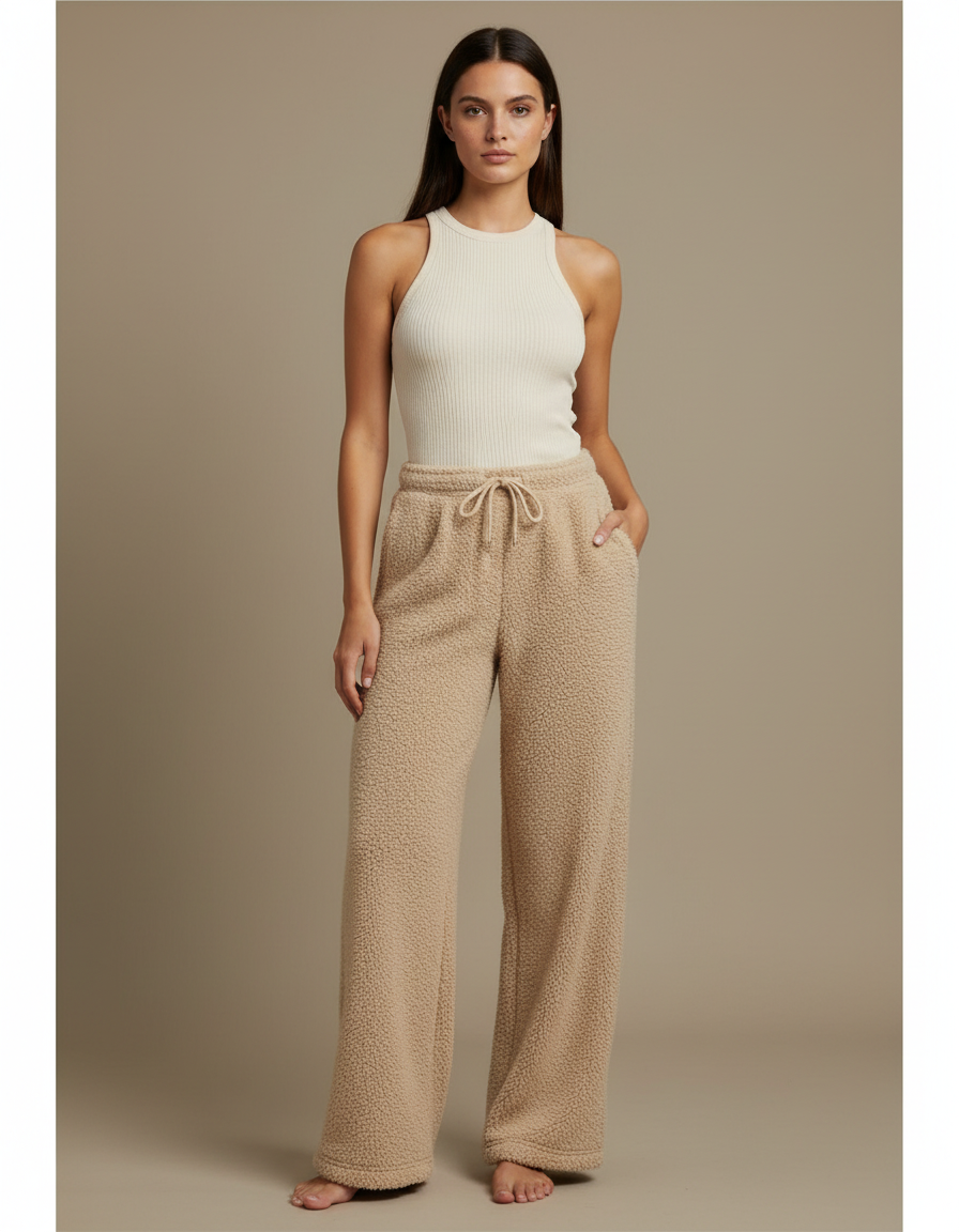 Pantalon Beige Polaire Ample Cordon Chaud Femme - Molleton