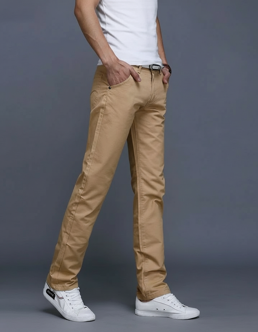 Pantalon Beige Homme Décontracté Droit Coton Classique