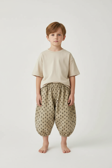 Pantalon Beige Coton Ample Imprimé Floral Enfant