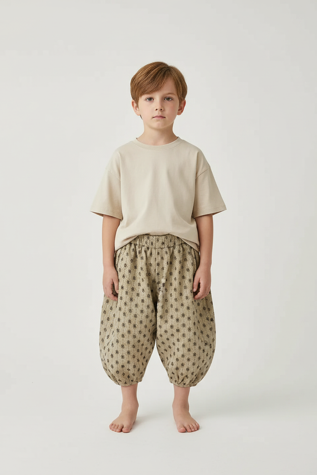Pantalon Beige Coton Ample Imprimé Floral Enfant