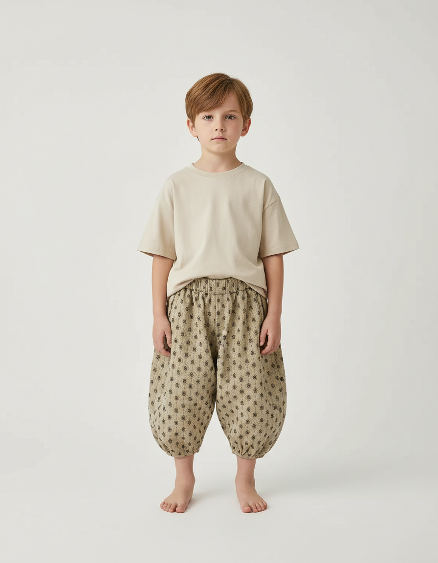 Pantalon Beige Coton Ample Imprimé Floral Enfant