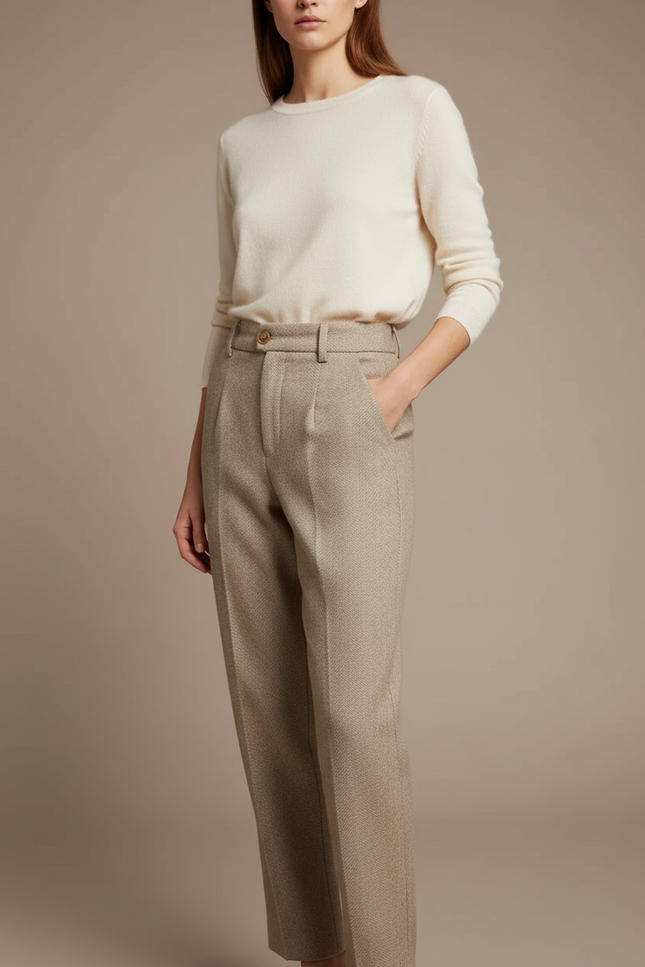 Pantalon Beige Laine Plissé Taille Haute Élégan
