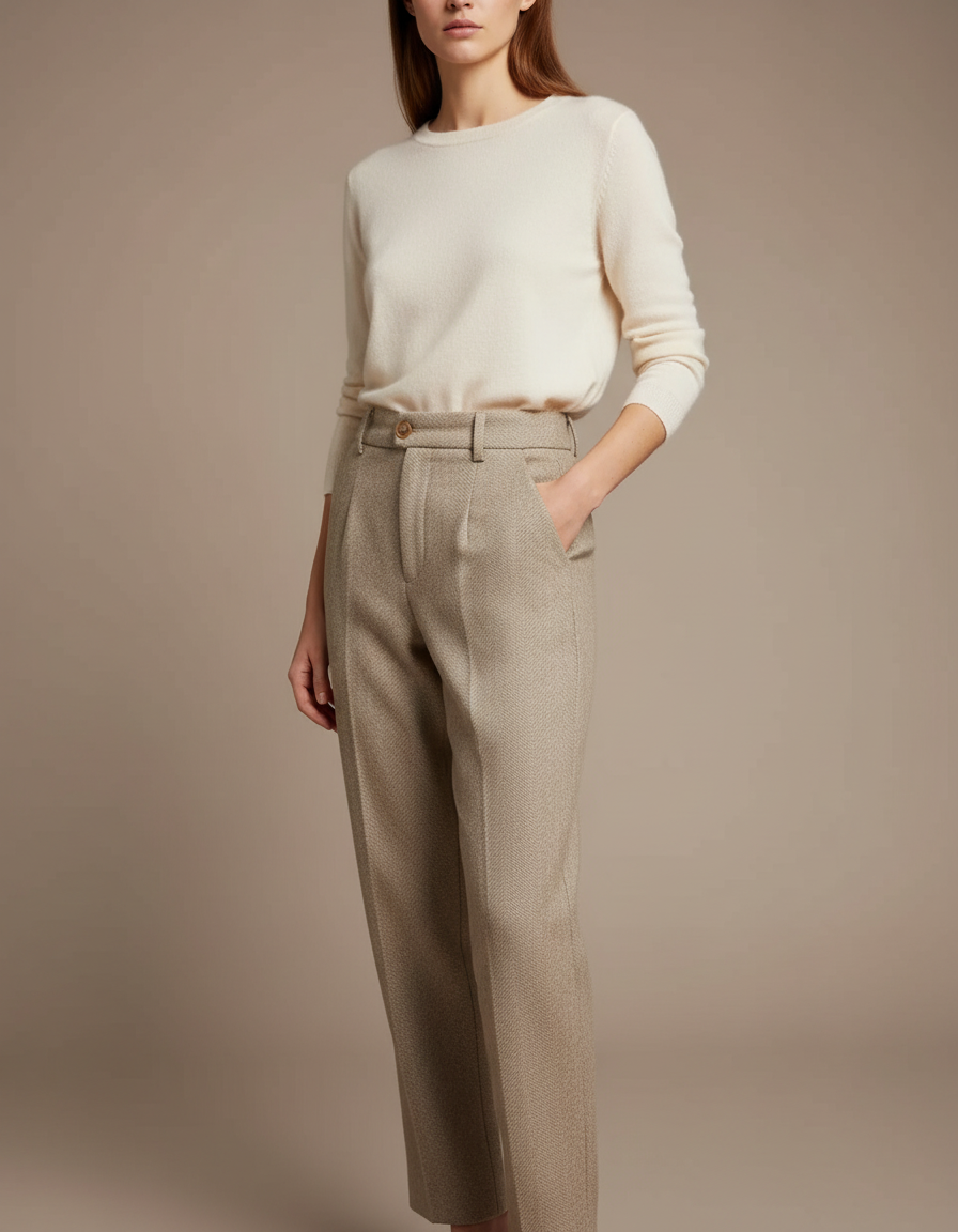 Pantalon Beige Laine Plissé Taille Haute Élégan