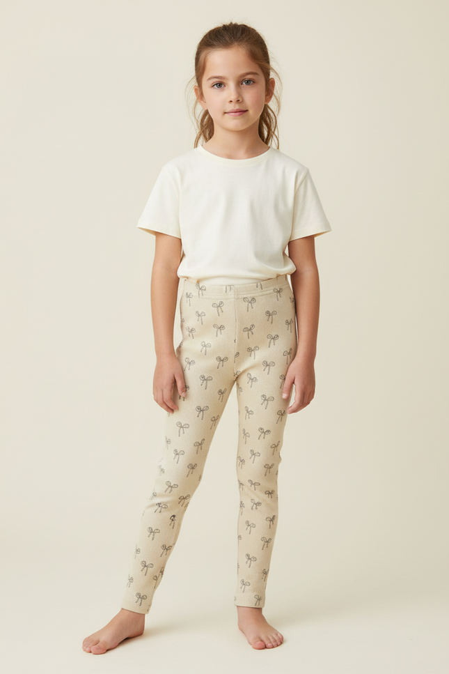 Pantalon Beige Côtelé Imprimé Nœuds Fille Confortable - Cordé
