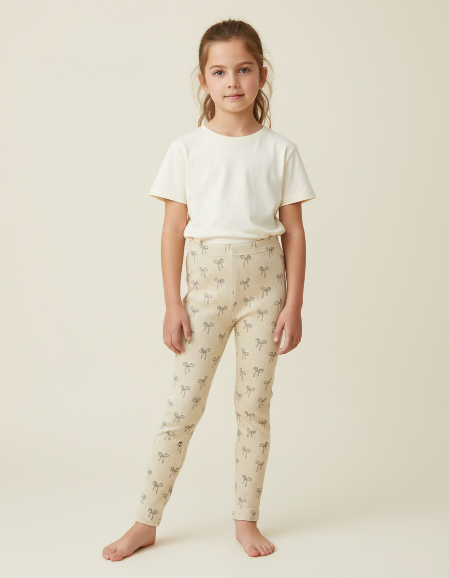 Pantalon Beige Côtelé Imprimé Nœuds Fille Confortable - Cordé
