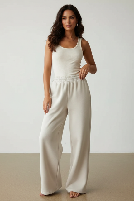 Pantalon Beige Molletonné Ample Décontracté Confortable