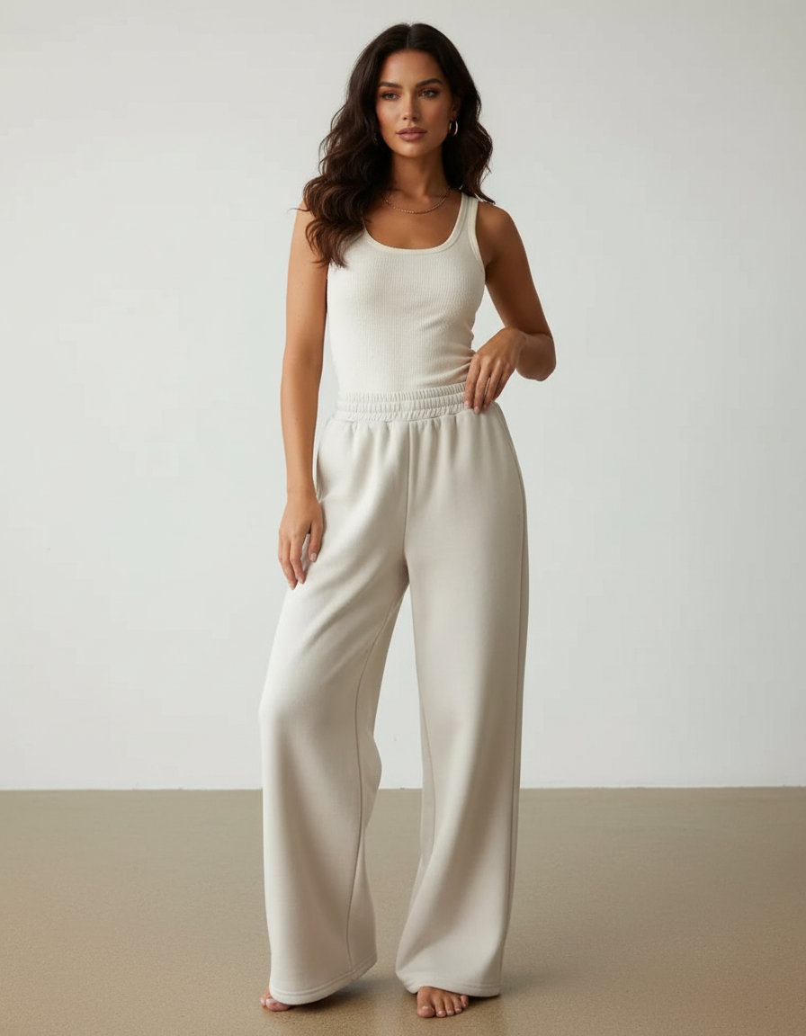 Pantalon Beige Molletonné Ample Décontracté Confortable