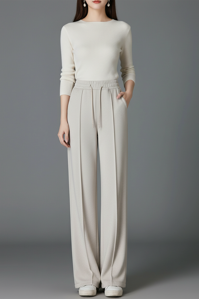 Pantalon Beige Droit Ample Texturé Cordon - Maille