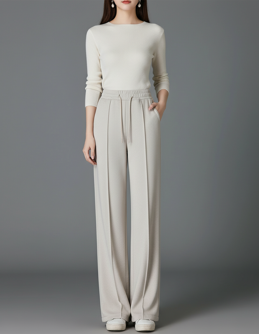 Pantalon Beige Droit Ample Texturé Cordon - Maille