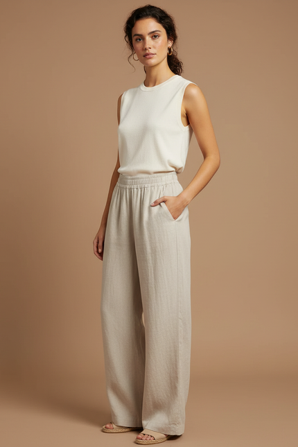 Pantalon Beige Ample Lin Taille Haute Décontracté