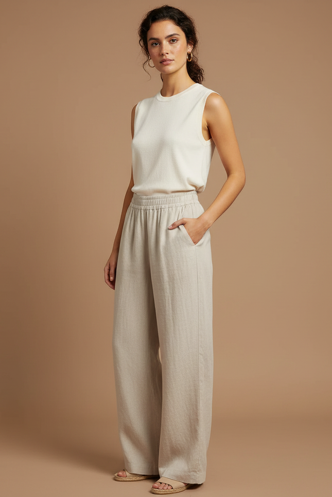 Pantalon Beige Ample Lin Taille Haute Décontracté
