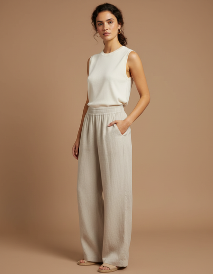 Pantalon Beige Ample Lin Taille Haute Décontracté