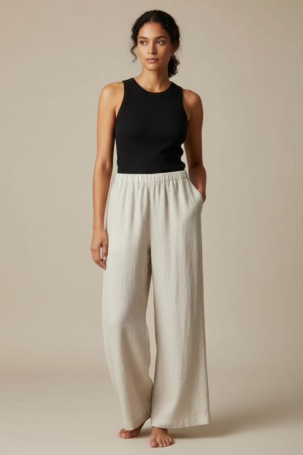 Pantalon Beige Lin Ample Taille Haute Décontracté Femme