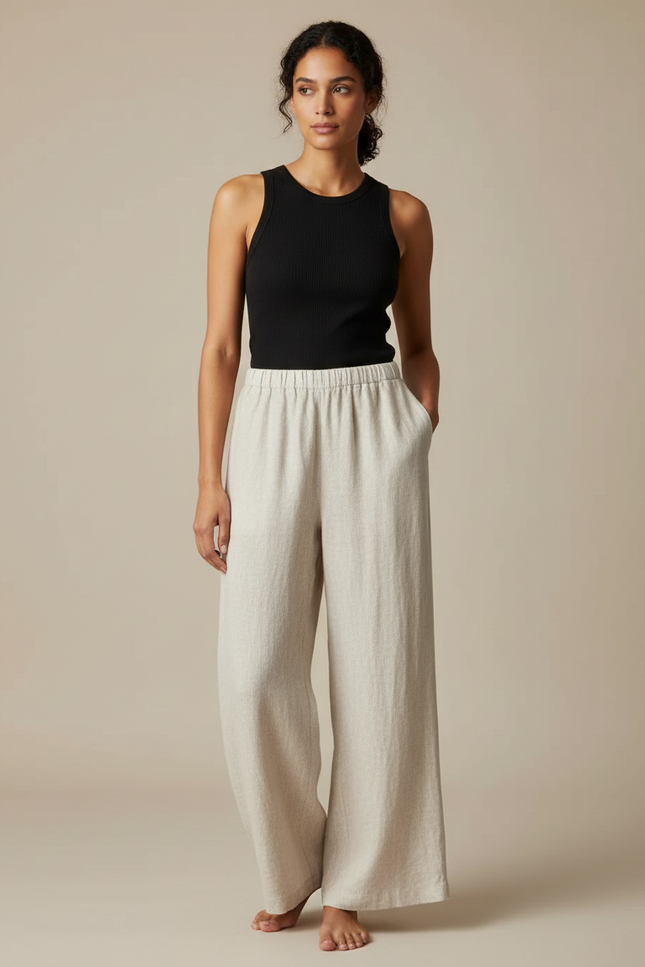 Pantalon Beige Lin Ample Taille Haute Décontracté Femme