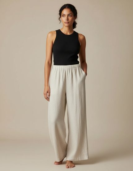 Pantalon Beige Lin Ample Taille Haute Décontracté Femme