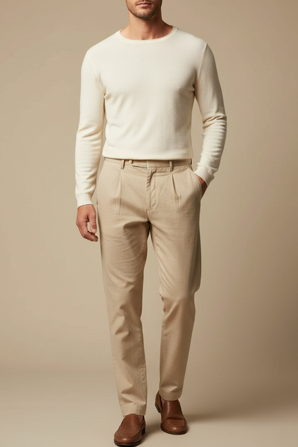 Pantalon Beige Plissé Décontracté Homme Élégant - Toile
