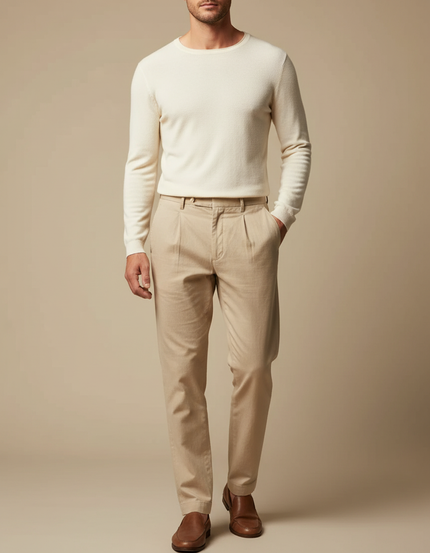 Pantalon Beige Plissé Décontracté Homme Élégant - Toile