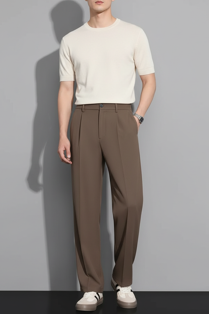 Pantalon Beige Droit Ample Décontracté Homme - Marron Polyester