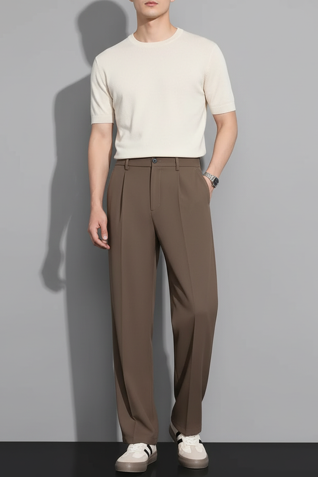 Pantalon Beige Droit Ample Décontracté Homme - Marron Polyester