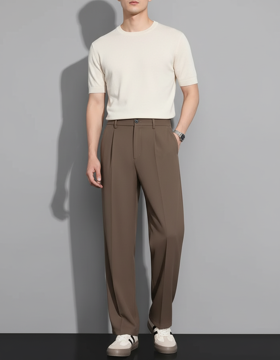 Pantalon Beige Droit Ample Décontracté Homme - Marron Polyester