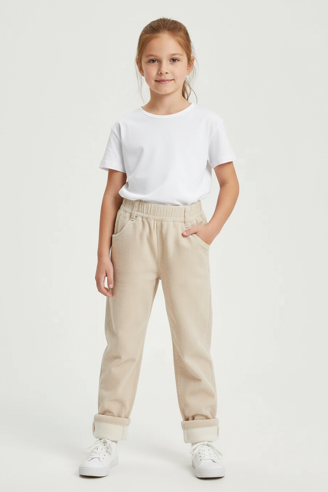 Pantalon Beige Côtelé Ample Élastique Doublé Fille - Cordé