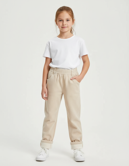 Pantalon Beige Côtelé Ample Élastique Doublé Fille - Cordé
