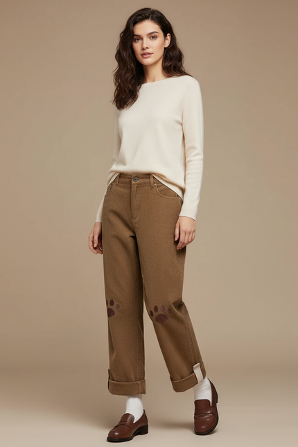 Pantalon Beige Côtelé Ample Patte Brodé - Marron Cordé