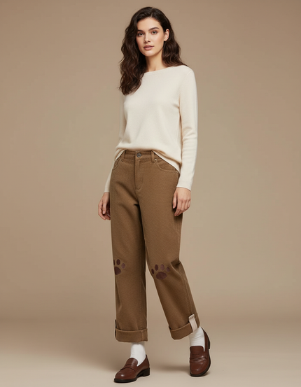 Pantalon Beige Côtelé Ample Patte Brodé - Marron Cordé
